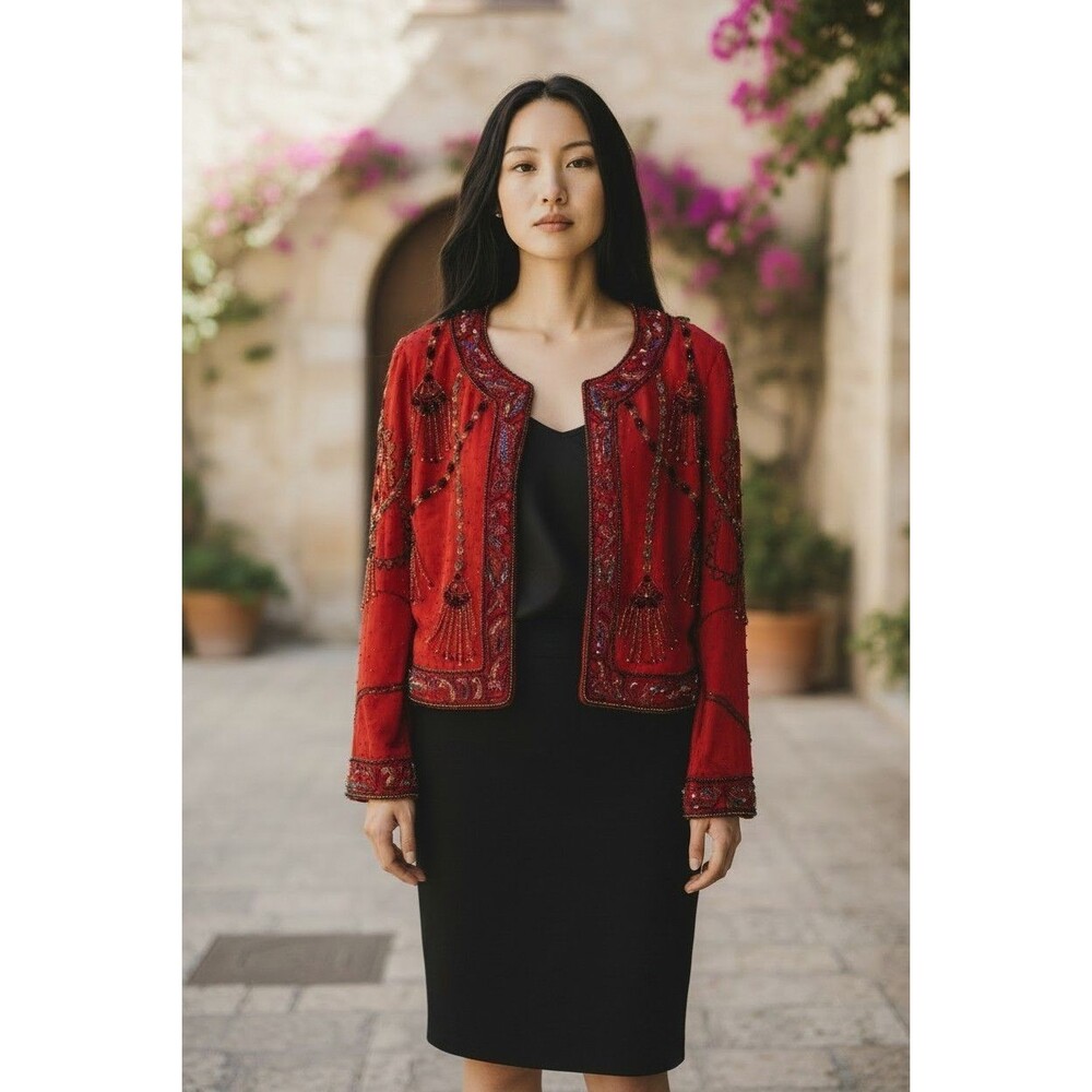 Vintage Laurence Kazar Beaded Sequence Jacket Size Med Red Padded Shoulders